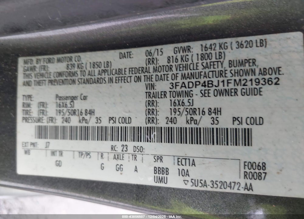 2015 FORD FIESTA SE VIN: 3FADP4BJ1FM219362
