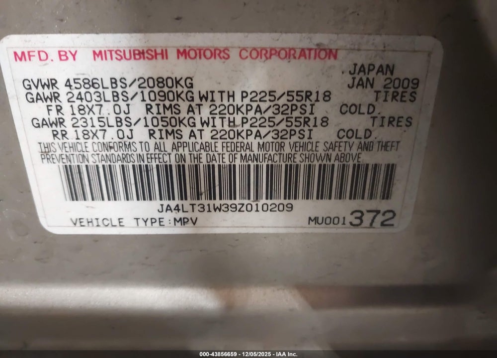 2009 MITSUBISHI OUTLANDER SE VIN: JA4LT31W39Z010209