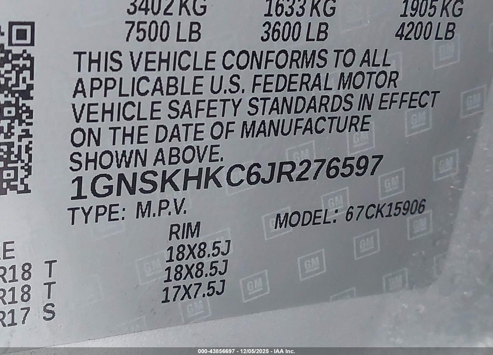 2018 CHEVROLET SUBURBAN LT VIN: 1GNSKHKC6JR276597
