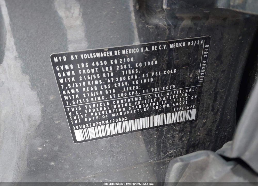 2024 VOLKSWAGEN TAOS 1.5T S VIN: 3VV8X7B29RM123992