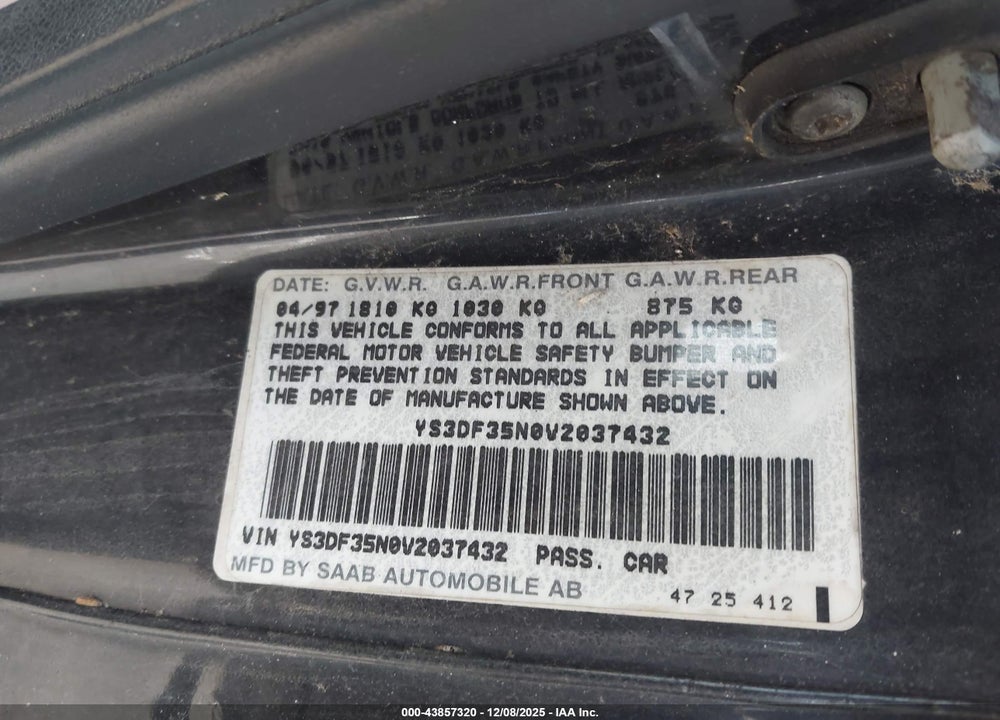 1997 SAAB 900 SE VIN: YS3DF35N0V2037432
