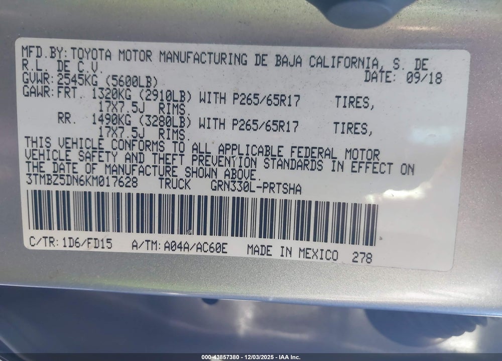 2019 TOYOTA TACOMA TRD SPORT VIN: 3TMBZ5DN6KM017628