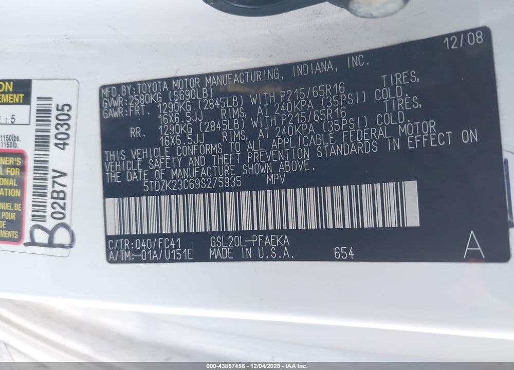 2009 TOYOTA SIENNA LE VIN: 5TDZK23C69S275935