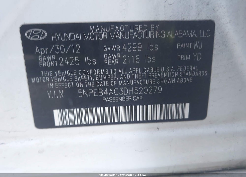 2013 HYUNDAI SONATA GLS VIN: 5NPEB4AC3DH520279
