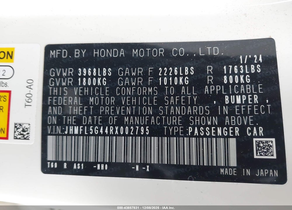 2024 HONDA CIVIC TYPE R VIN: JHMFL5G44RX002795