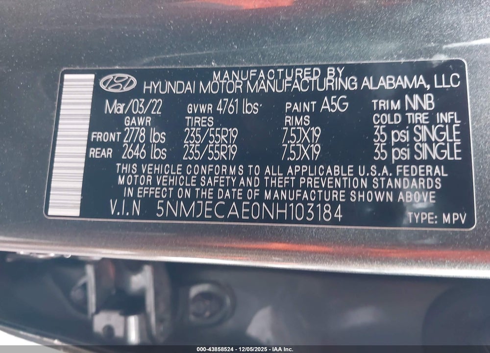 2022 HYUNDAI TUCSON LIMITED VIN: 5NMJECAE0NH103184