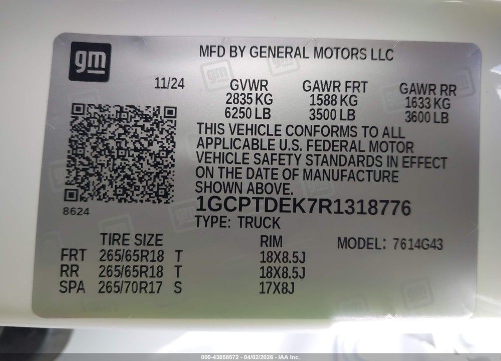 2024 CHEVROLET COLORADO 4WD Z71 VIN: 1GCPTDEK7R1318776