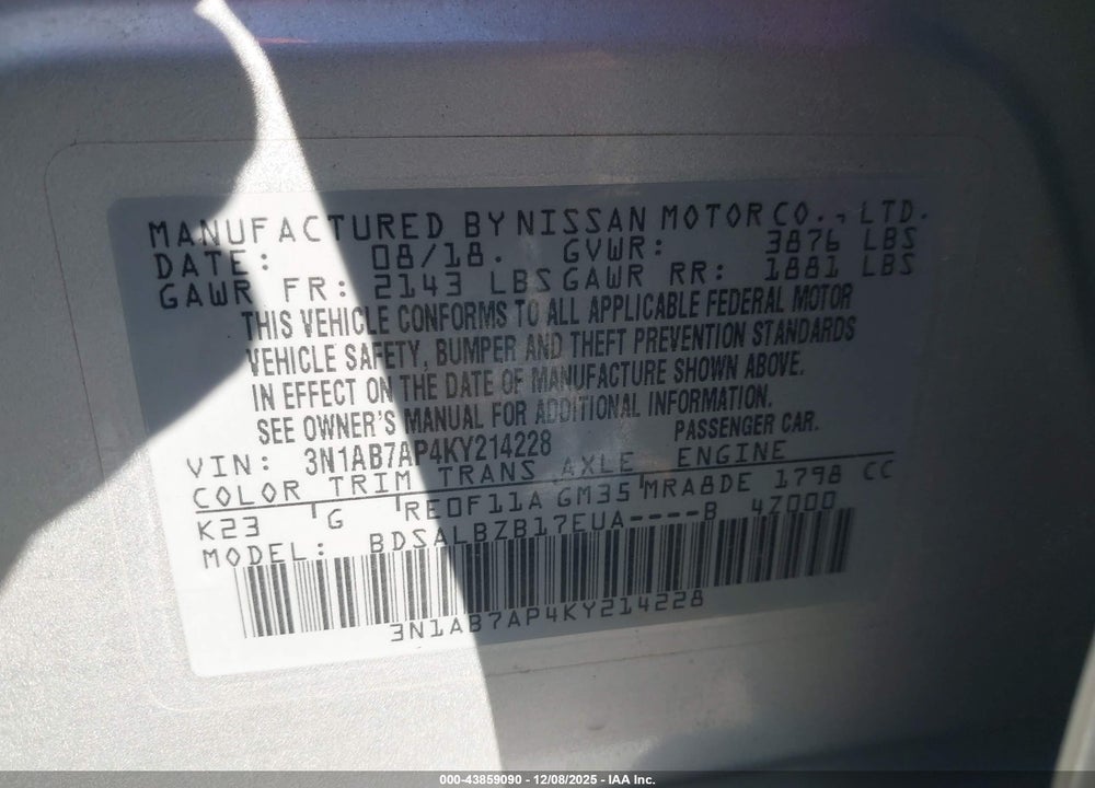 2019 NISSAN SENTRA S VIN: 3N1AB7AP4KY214228