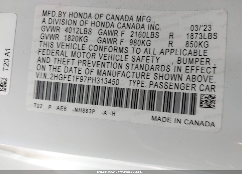2023 HONDA CIVIC TOURING VIN: 2HGFE1F97PH313450