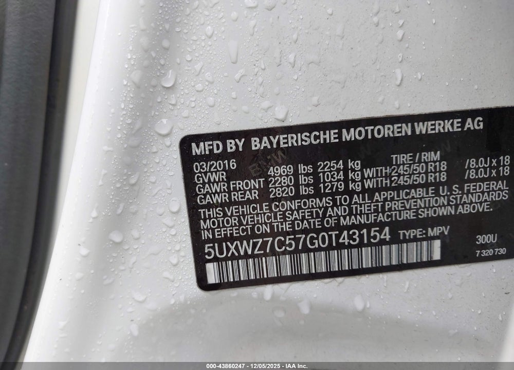 2016 BMW X3 SDRIVE28I VIN: 5UXWZ7C57G0T43154