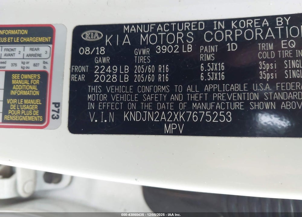 2019 KIA SOUL VIN: KNDJN2A2XK7675253