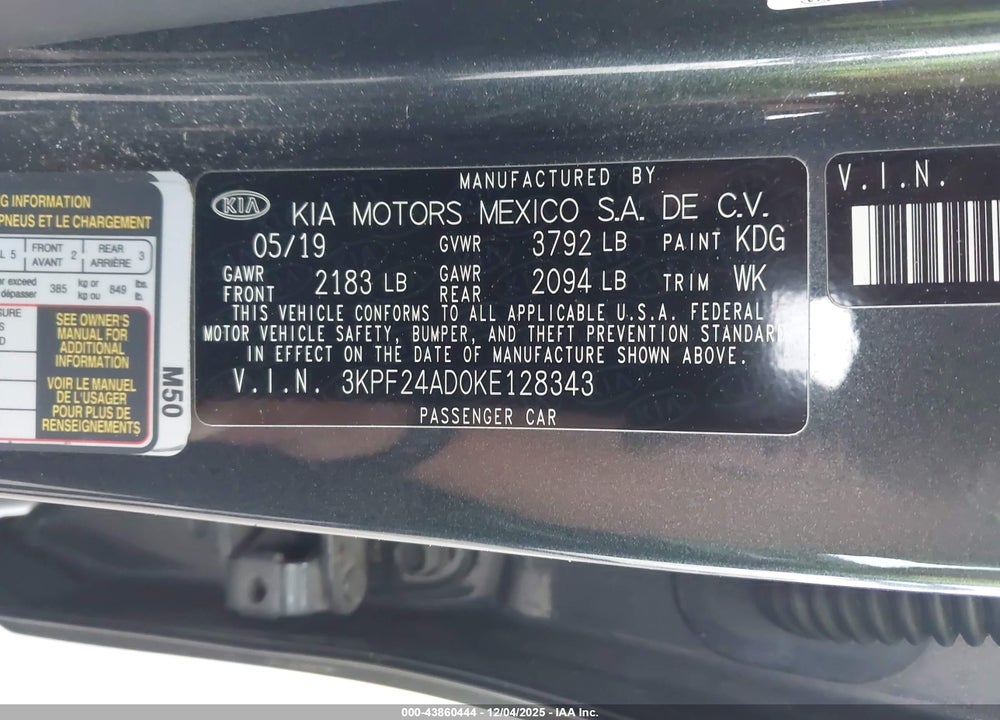 2019 KIA FORTE FE VIN: 3KPF24AD0KE128343