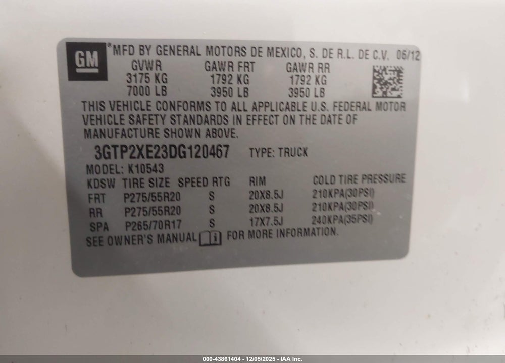 2013 GMC SIERRA 1500 DENALI VIN: 3GTP2XE23DG120467