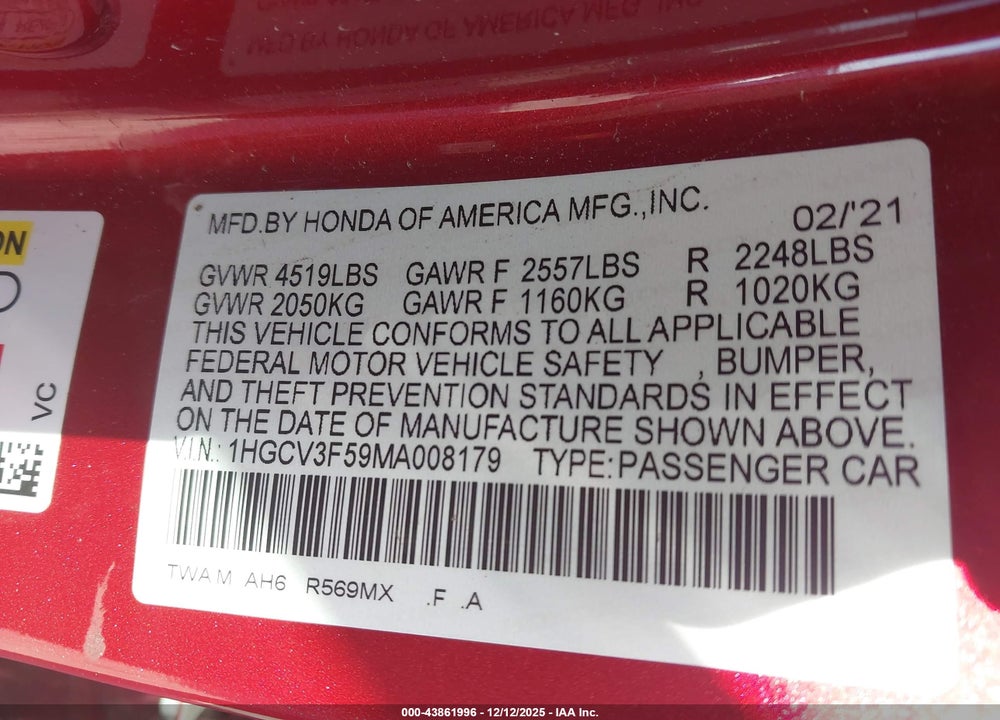 2021 HONDA ACCORD HYBRID EX-L VIN: 1HGCV3F59MA008179