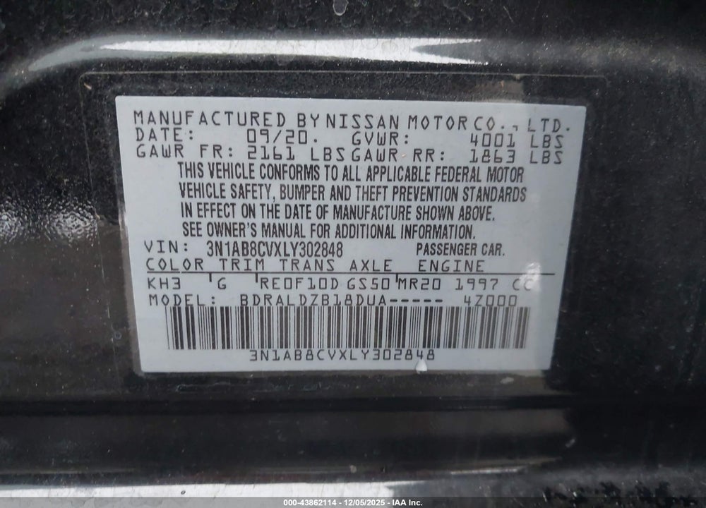 2020 NISSAN SENTRA SV XTRONIC CVT VIN: 3N1AB8CVXLY302848