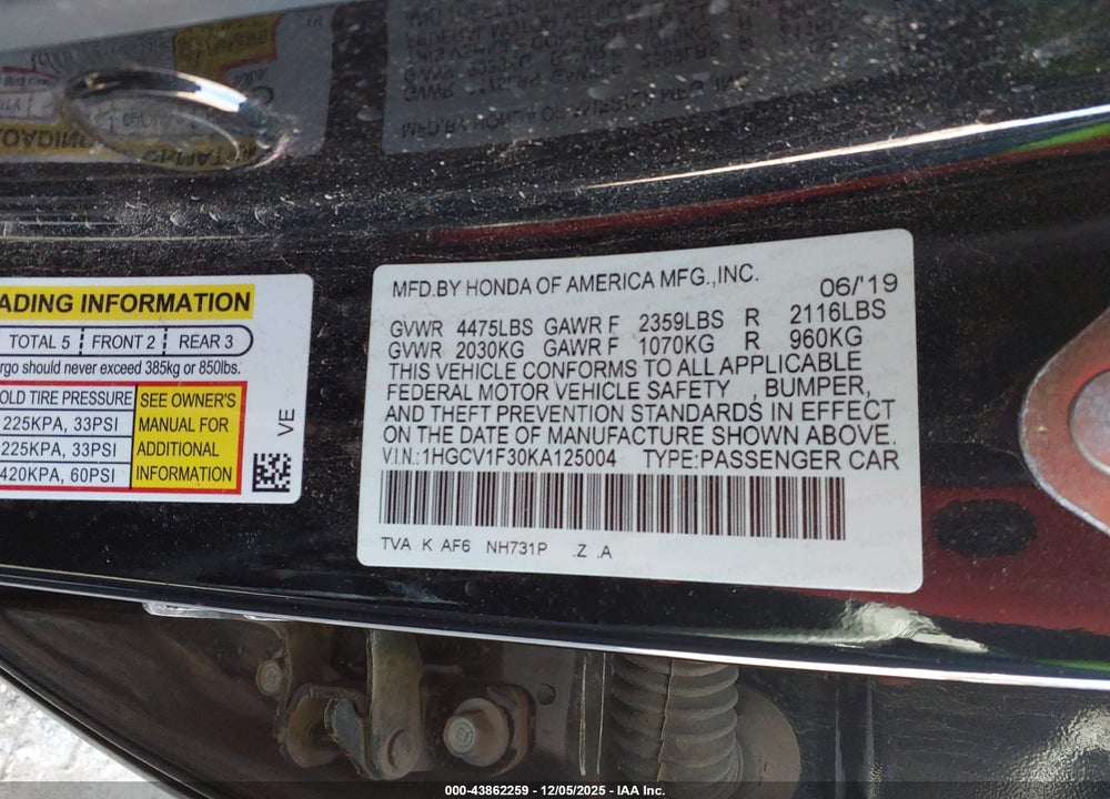 2019 HONDA ACCORD SPORT VIN: 1HGCV1F30KA125004