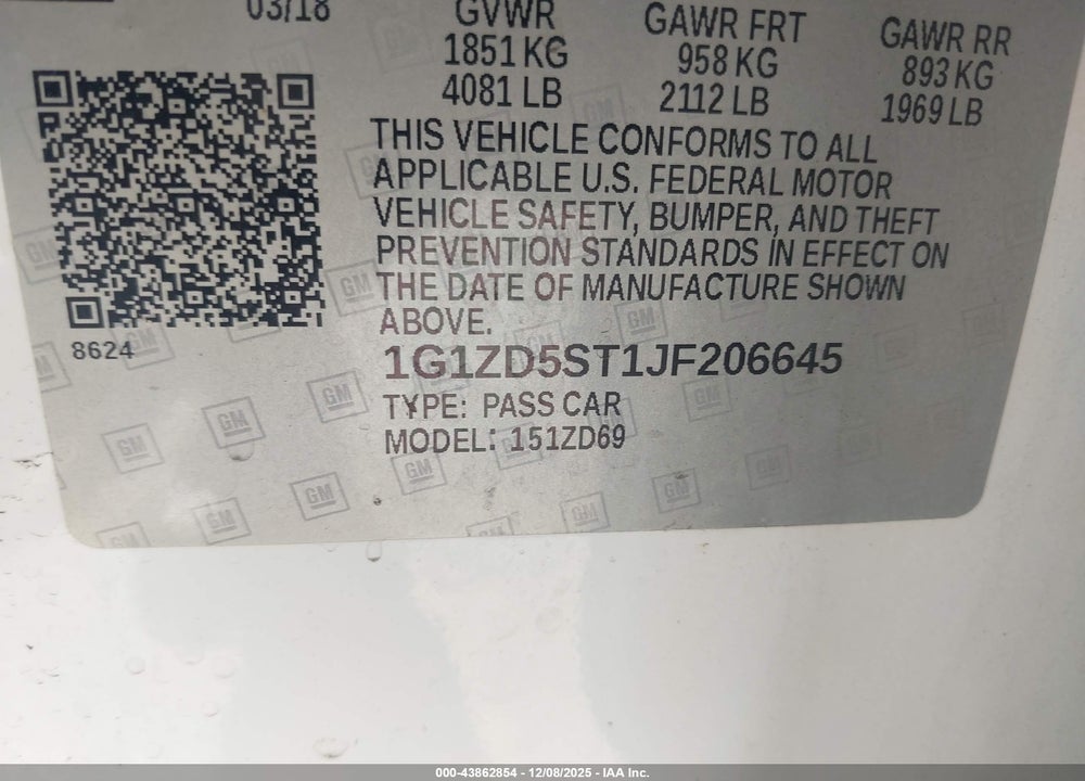2018 CHEVROLET MALIBU LT VIN: 1G1ZD5ST1JF206645