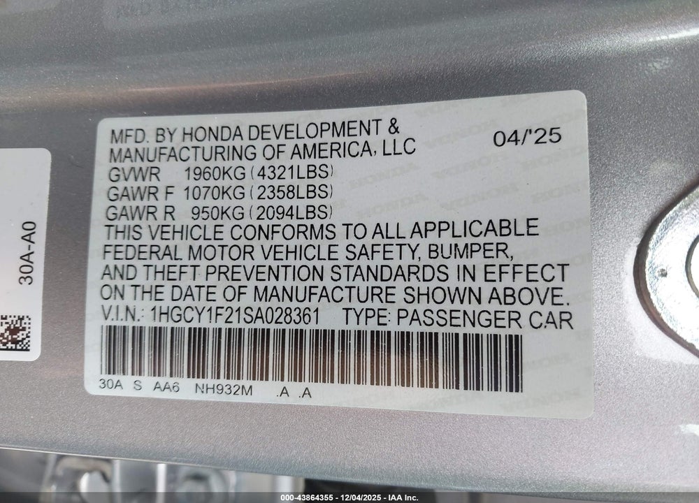 2025 HONDA ACCORD LX VIN: 1HGCY1F21SA028361