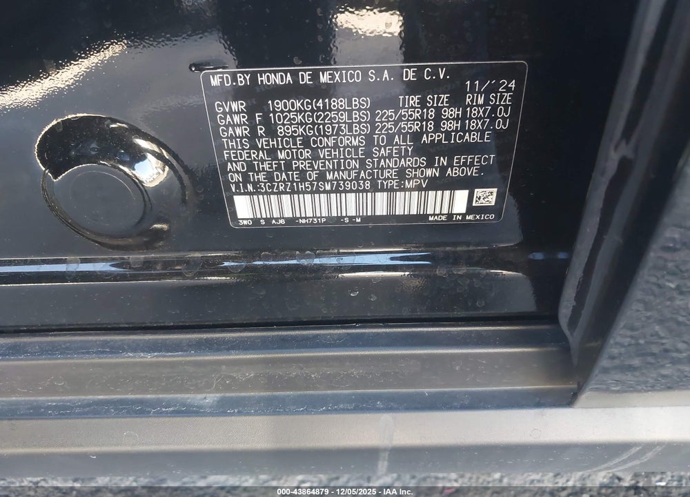 2025 HONDA HR-V 2WD SPORT VIN: 3CZRZ1H57SM739038