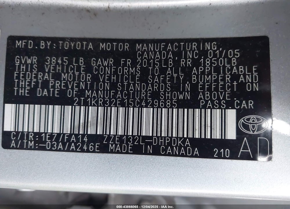 2005 TOYOTA MATRIX VIN: 2T1KR32E15C429685