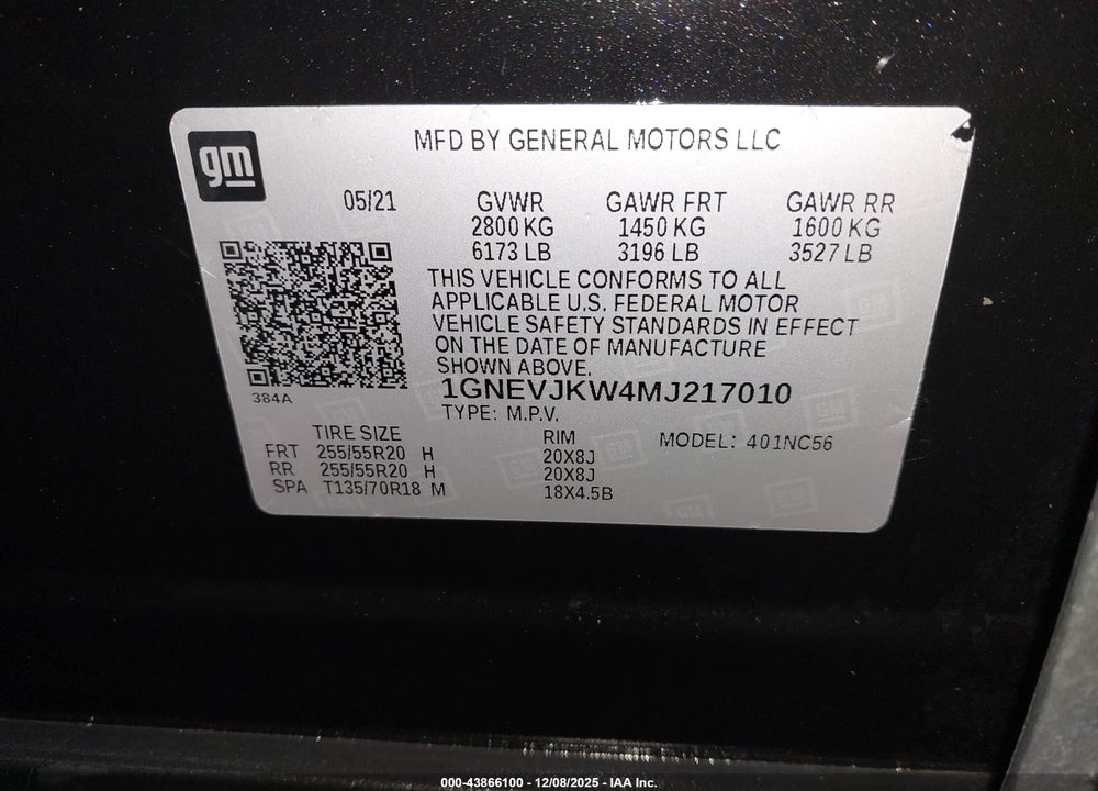 2021 CHEVROLET TRAVERSE RS VIN: 1GNEVJKW4MJ217010