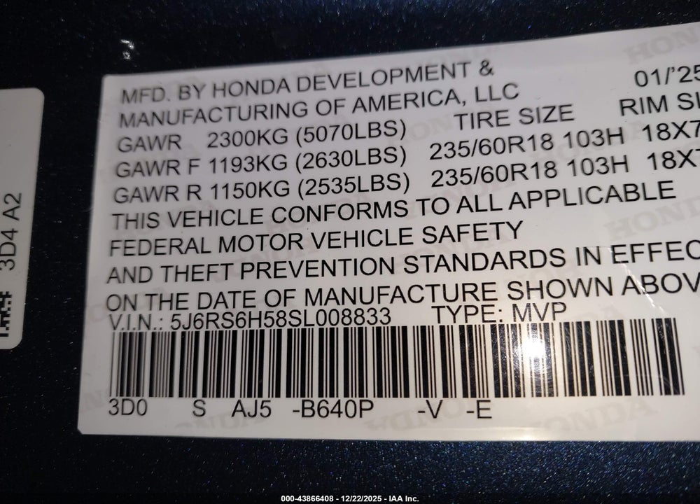 2025 HONDA CR-V SPORT VIN: 5J6RS6H58SL008833
