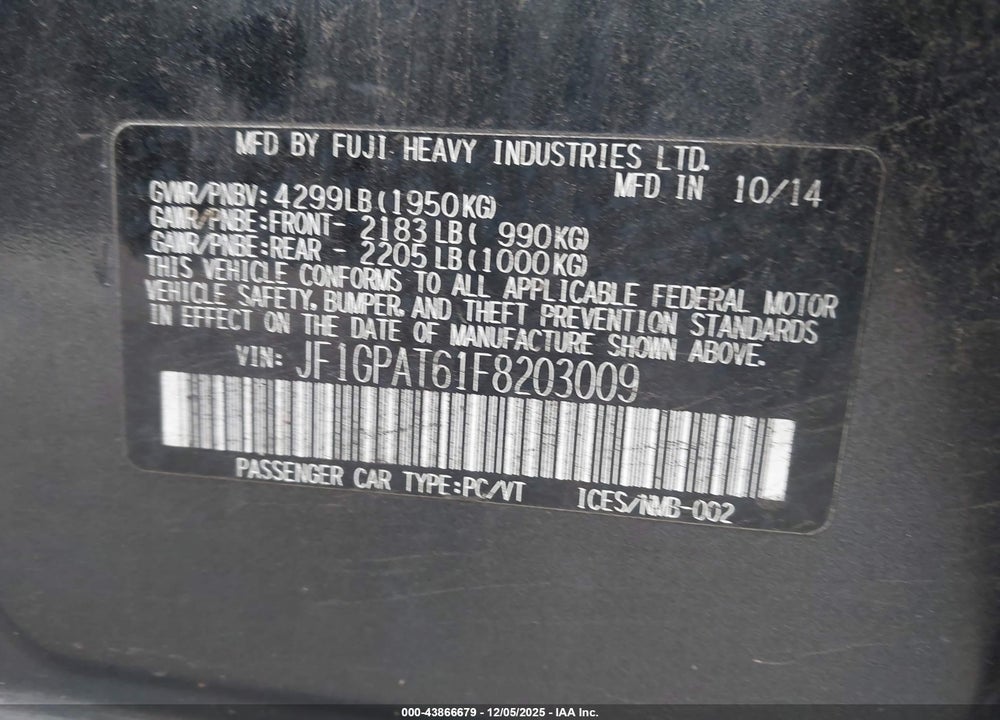 2015 SUBARU IMPREZA 2.0I SPORT PREMIUM VIN: JF1GPAT61F8203009
