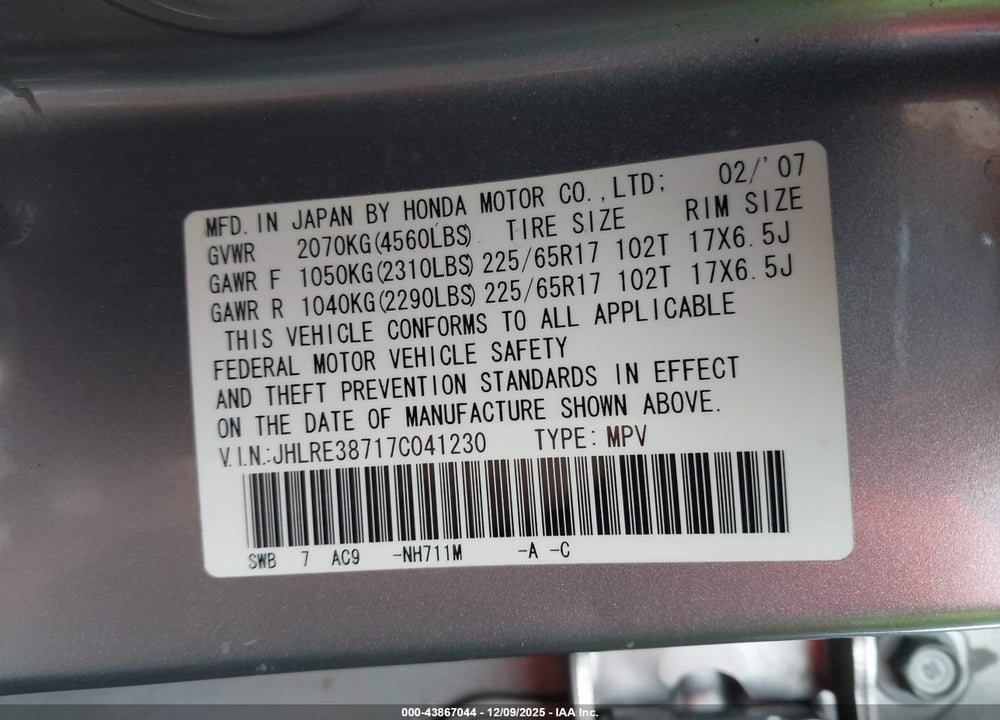 2007 HONDA CR-V EX-L VIN: JHLRE38717C041230