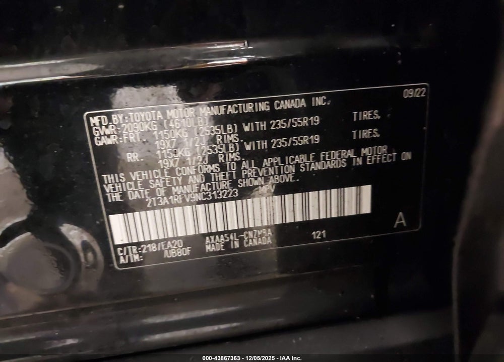 2022 TOYOTA RAV4 XLE PREMIUM VIN: 2T3A1RFV9NC313223