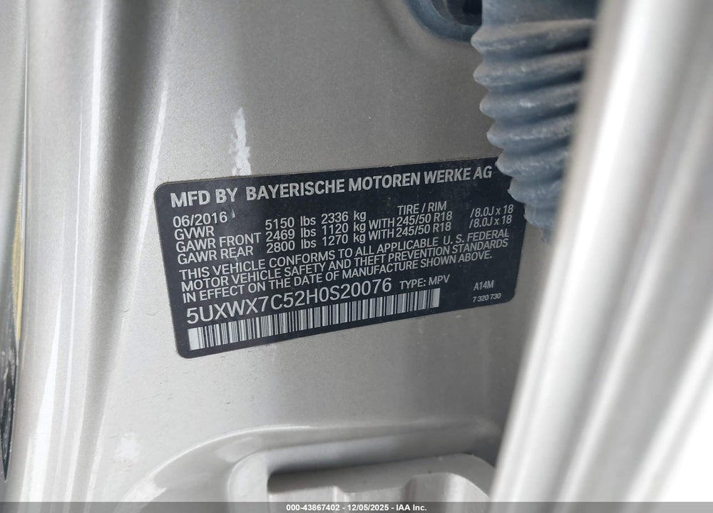 2017 BMW X3 XDRIVE35I VIN: 5UXWX7C52H0S20076