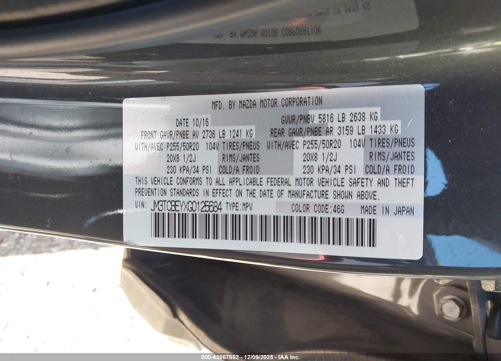 2016 MAZDA CX-9 SIGNATURE VIN: JM3TCBEYXG0125684