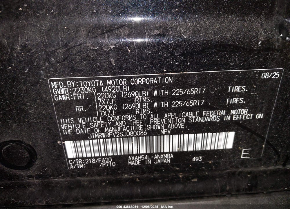 2025 TOYOTA RAV4 HYBRID XLE VIN: JTMRWRFV2SJ080086