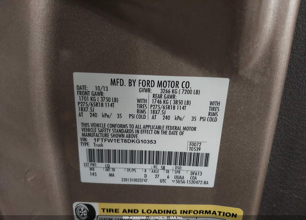 2013 FORD F-150 XLT VIN: 1FTFW1ET8DKG10353