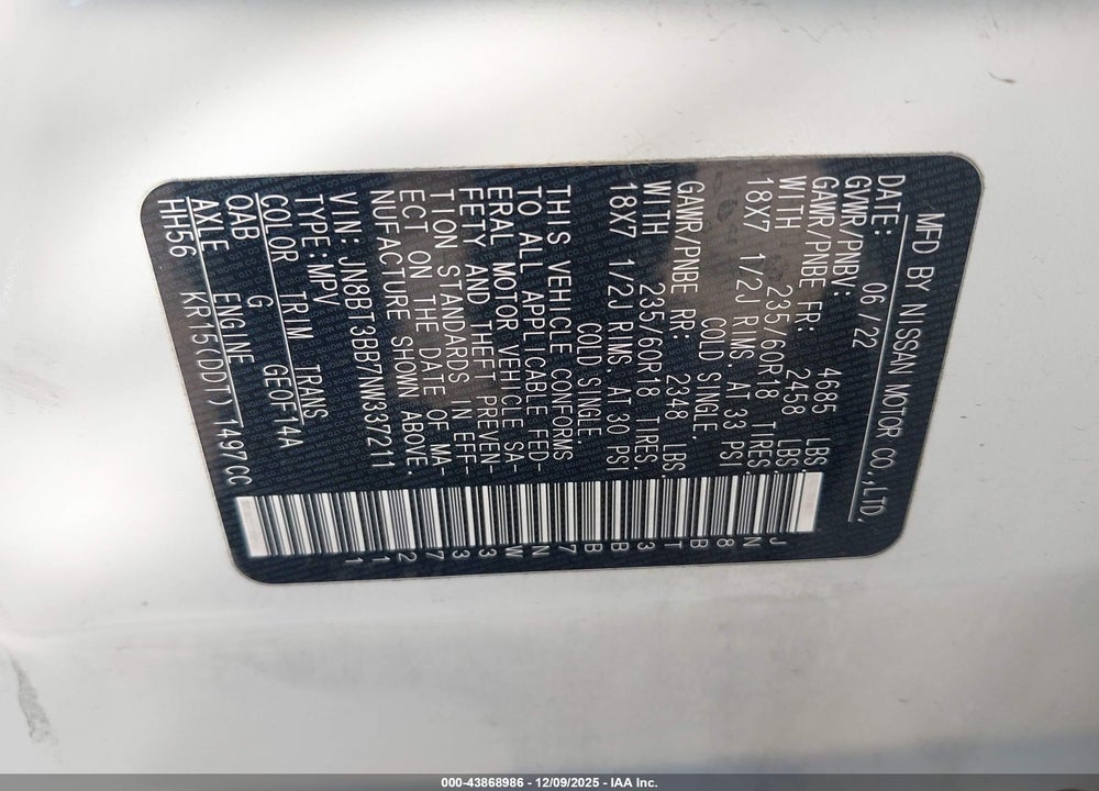 2022 NISSAN ROGUE SV VIN: JN8BT3BB7NW337211