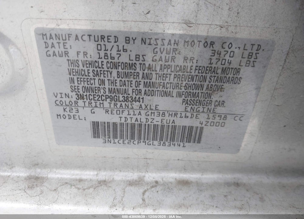2016 NISSAN VERSA NOTE SV VIN: 3N1CE2CP9GL383441