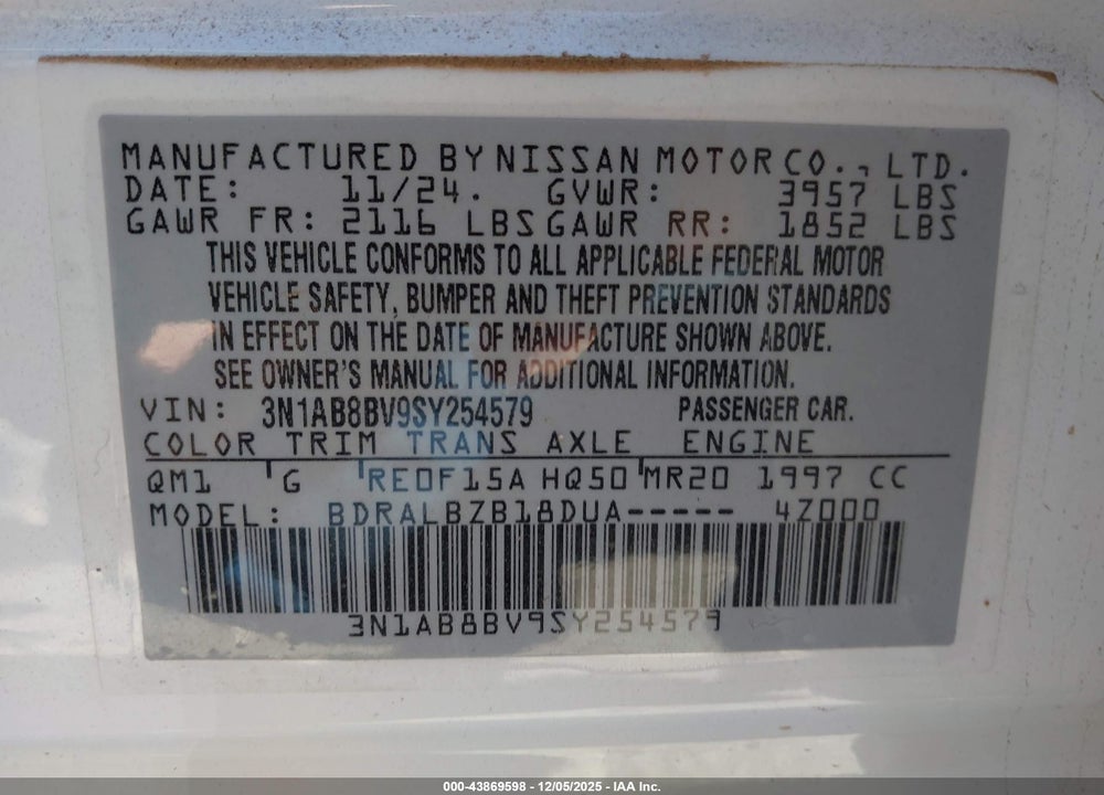 2025 NISSAN SENTRA S VIN: 3N1AB8BV9SY254579