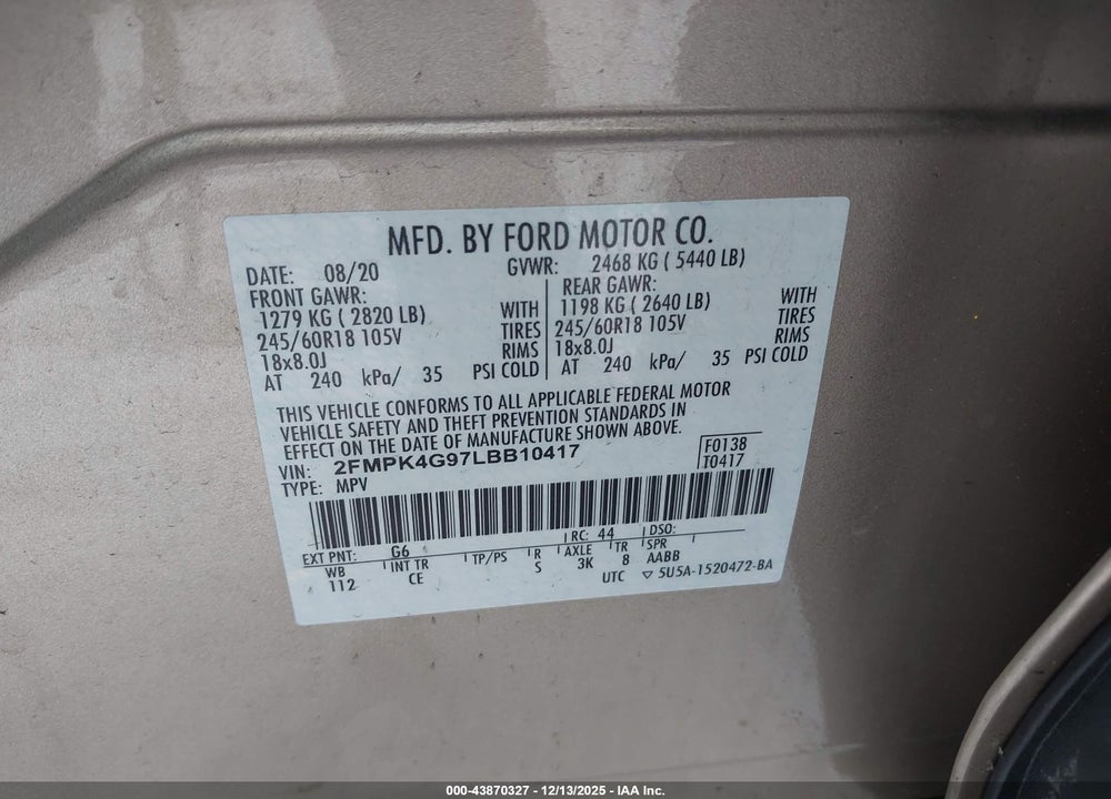 2020 FORD EDGE SE VIN: 2FMPK4G97LBB10417