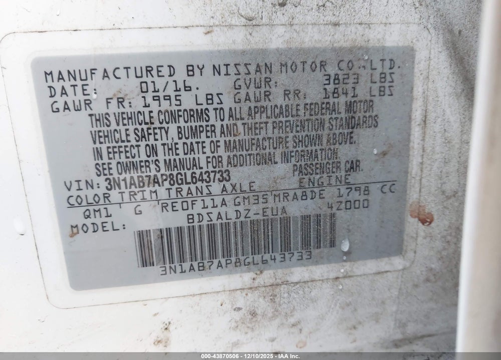 2016 NISSAN SENTRA FE+ S/S/SL/SR/SV VIN: 3N1AB7AP8GL643733