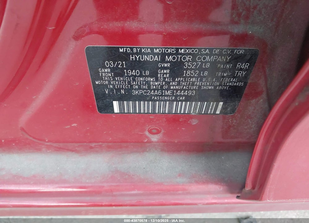 2021 HYUNDAI ACCENT SE VIN: 3KPC24A61ME144493