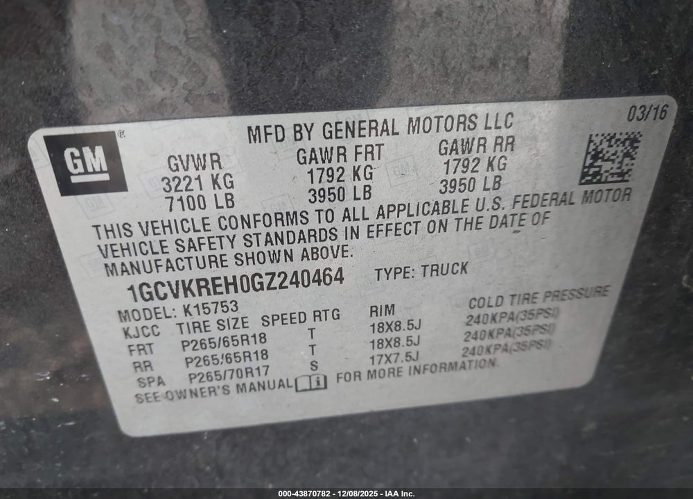 2016 CHEVROLET SILVERADO 1500 1LT VIN: 1GCVKREH0GZ240464