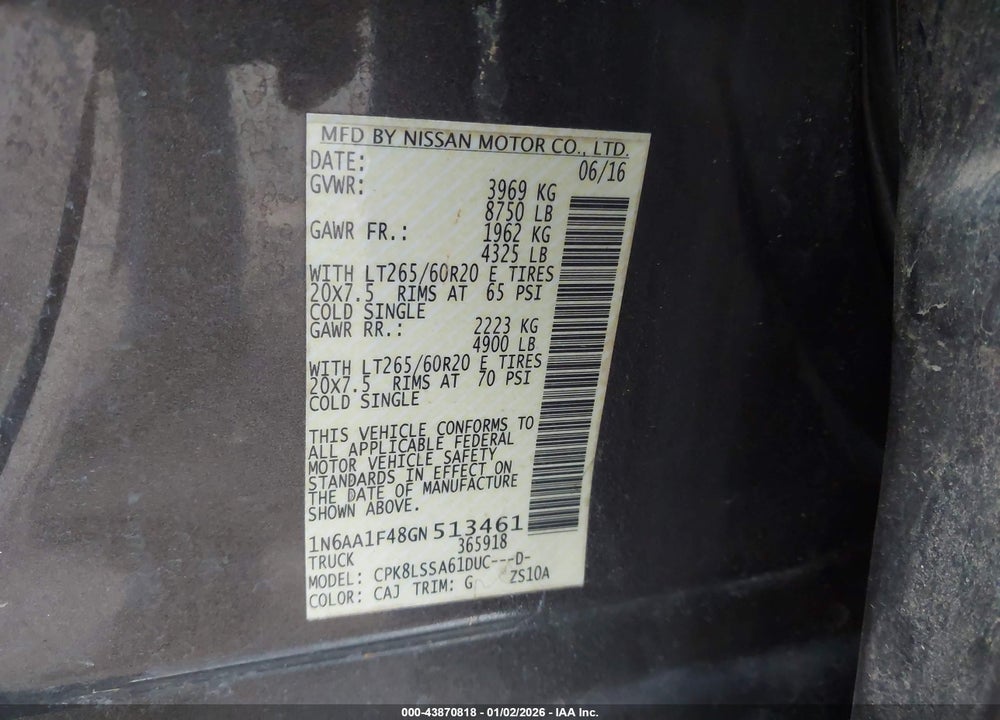 2016 NISSAN TITAN XD SV GAS VIN: 1N6AA1F48GN513461