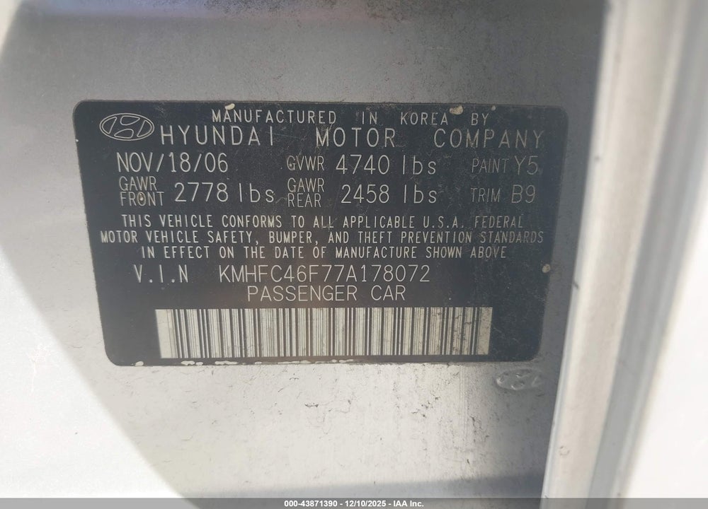 2007 HYUNDAI AZERA LIMITED/SE VIN: KMHFC46F77A178072