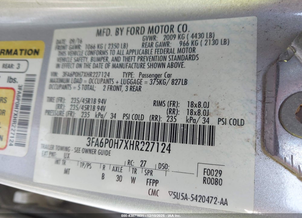 2017 FORD FUSION SE VIN: 3FA6P0H7XHR227124