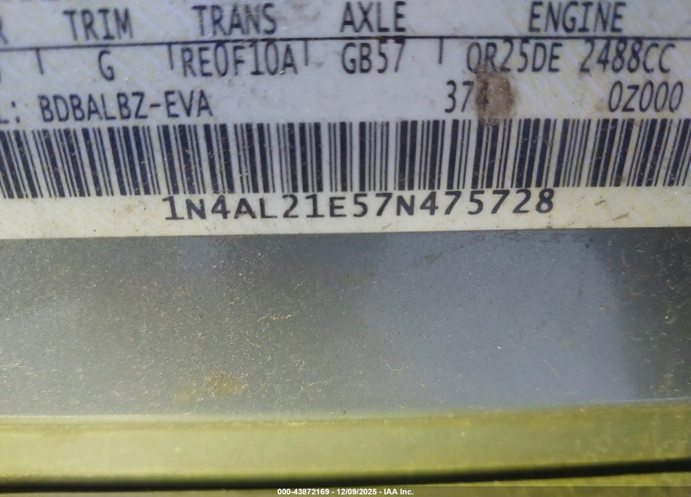 2007 NISSAN ALTIMA 2.5 S VIN: 1N4AL21E57N475728