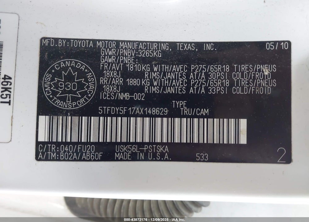 2010 TOYOTA TUNDRA SR5 5.7L V8 VIN: 5TFDY5F17AX148629