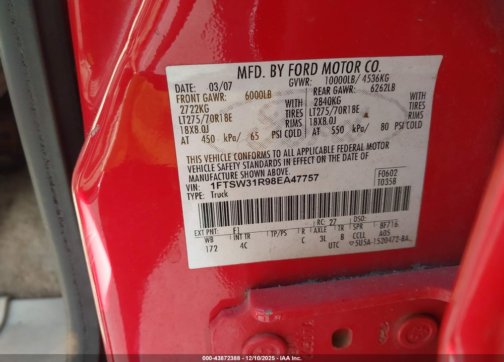2008 FORD F-350 FX4/HARLEY-DAVIDSON/KING RANCH/LARIAT/XL/XLT VIN: 1FTSW31R98EA47757