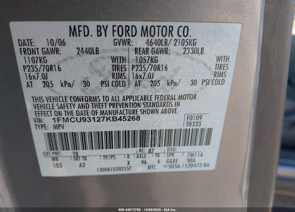 2007 FORD ESCAPE XLT/XLT SPORT VIN: 1FMCU93127KB45268