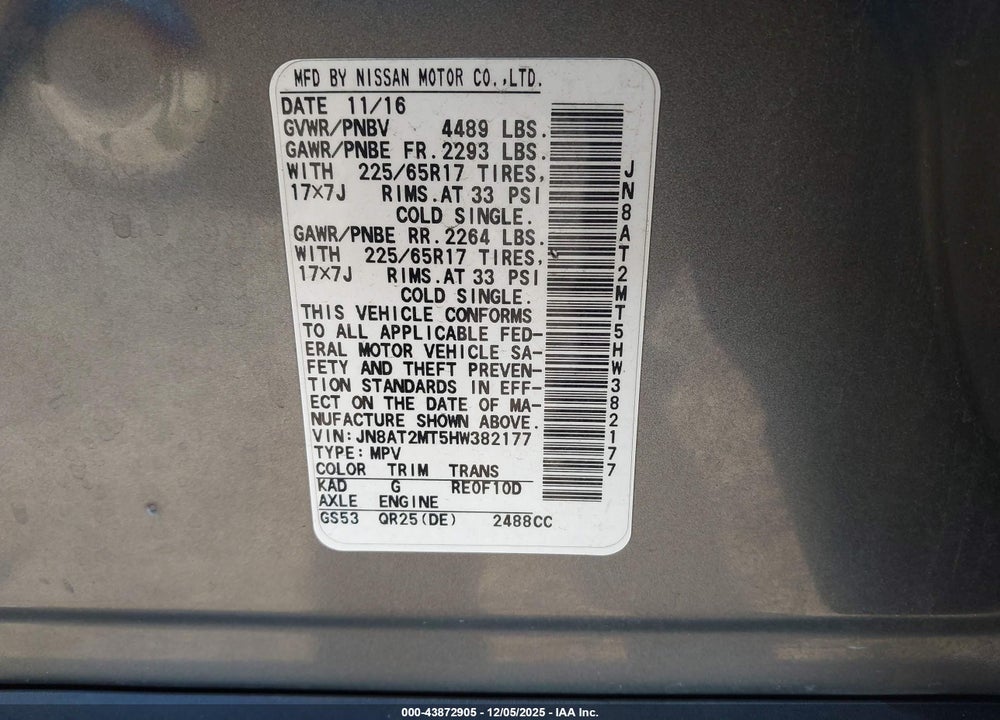 2017 NISSAN ROGUE S VIN: JN8AT2MT5HW382177