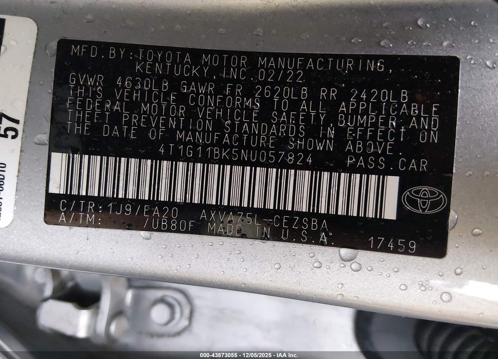 2022 TOYOTA CAMRY SE AWD VIN: 4T1G11BK5NU057824