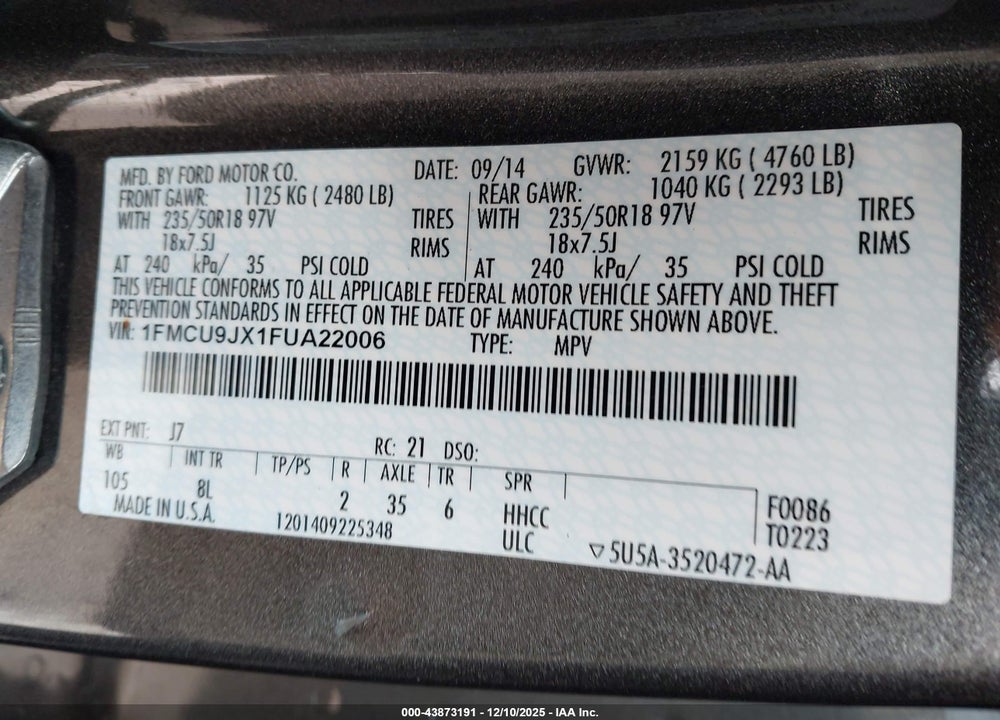2015 FORD ESCAPE TITANIUM VIN: 1FMCU9JX1FUA22006
